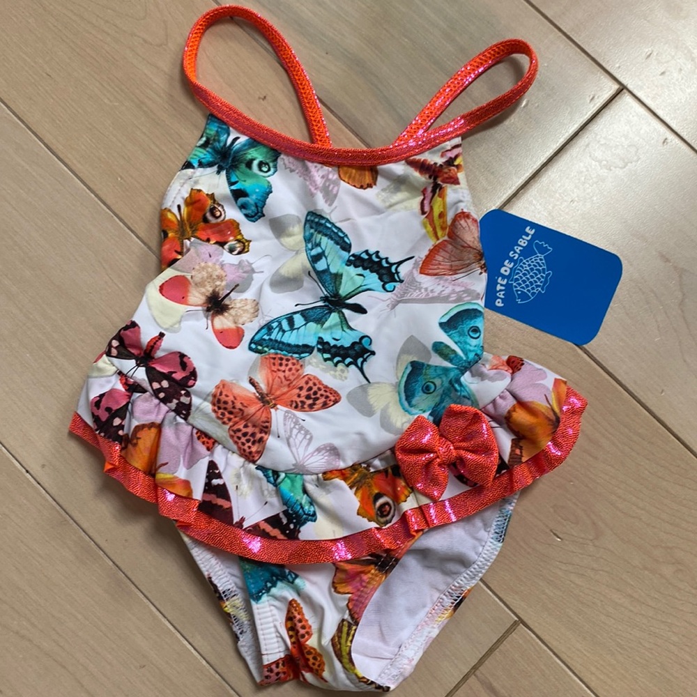 Pate de sable girls butterfly print ruffle shimmer bow swimsuit